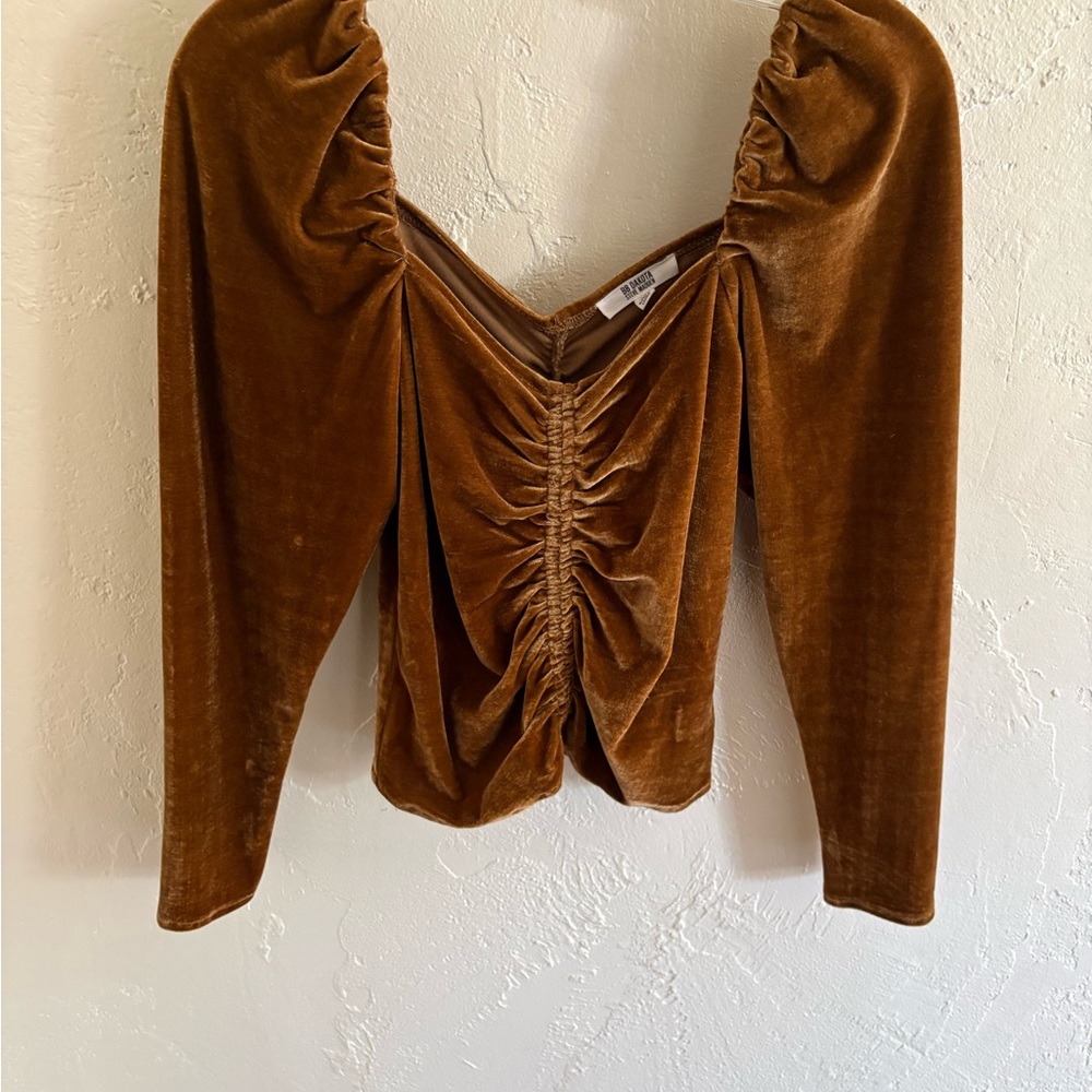 BB Dakota Steve Madden Brown Velvet Ruched Puff-Sleeve Top